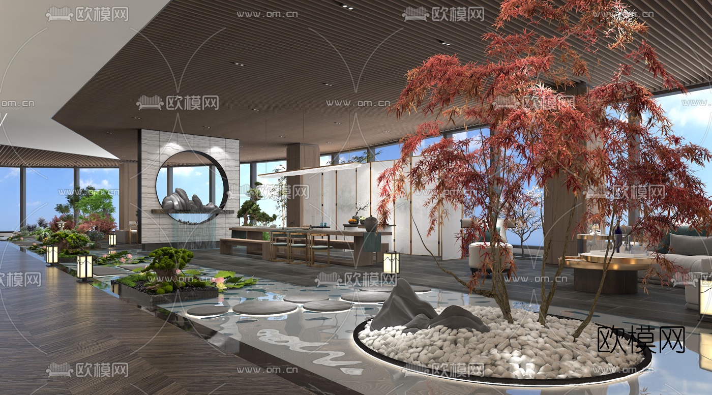 新中式会所休闲茶室3d模型下载（渲染图1）