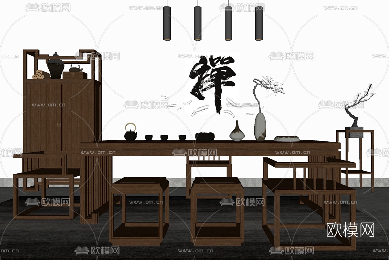 新中式茶桌椅su模型