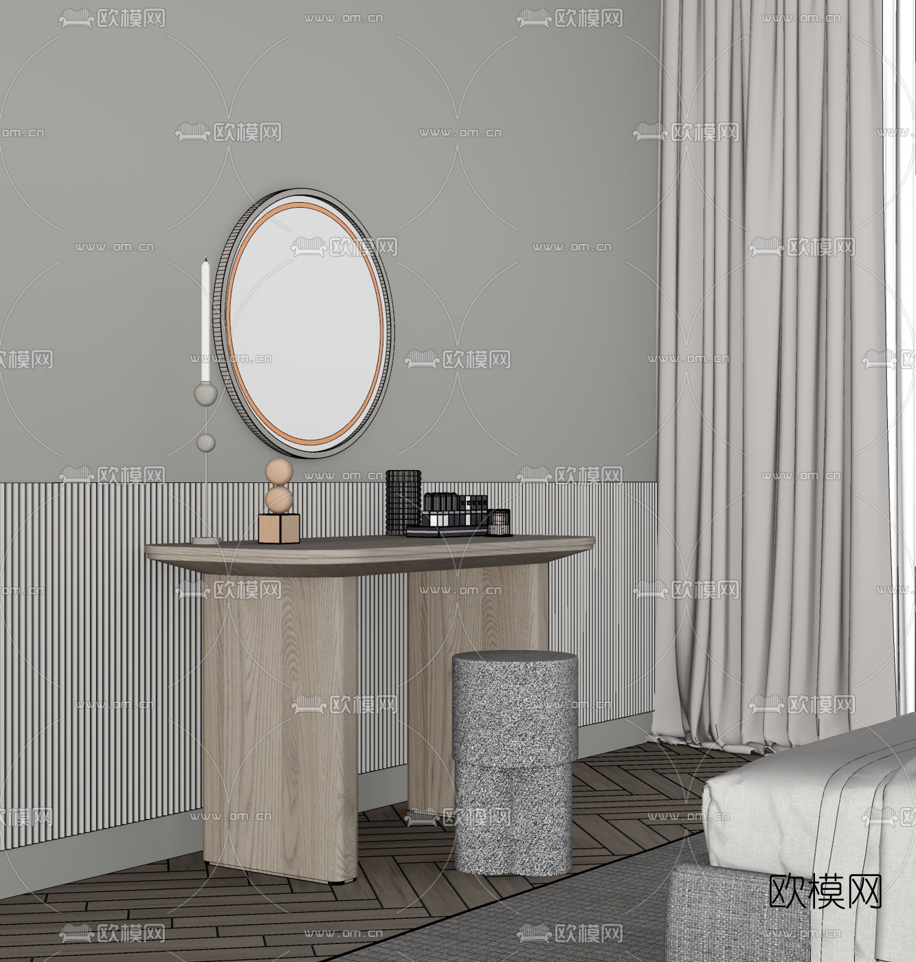 现代实木梳妆台su模型下载（渲染图2）