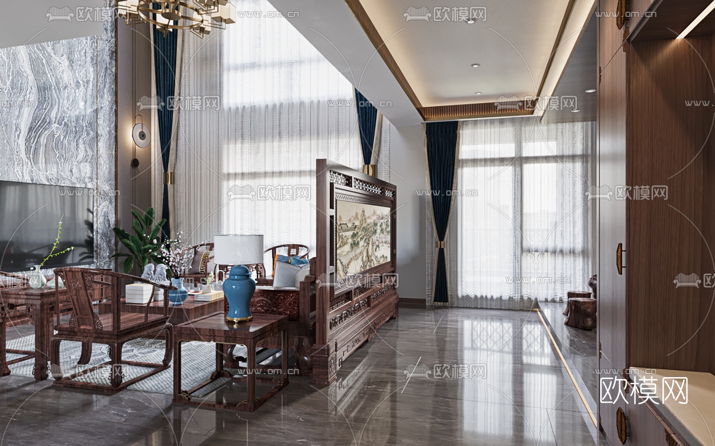 新中式轻奢别墅客厅餐厅3d模型