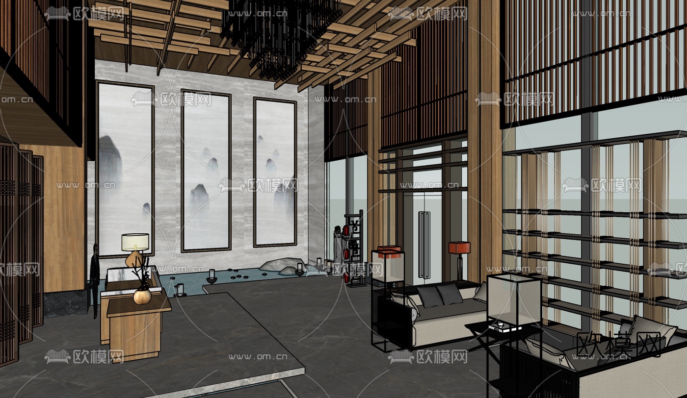 新中式酒店大堂su模型下载（渲染图1）