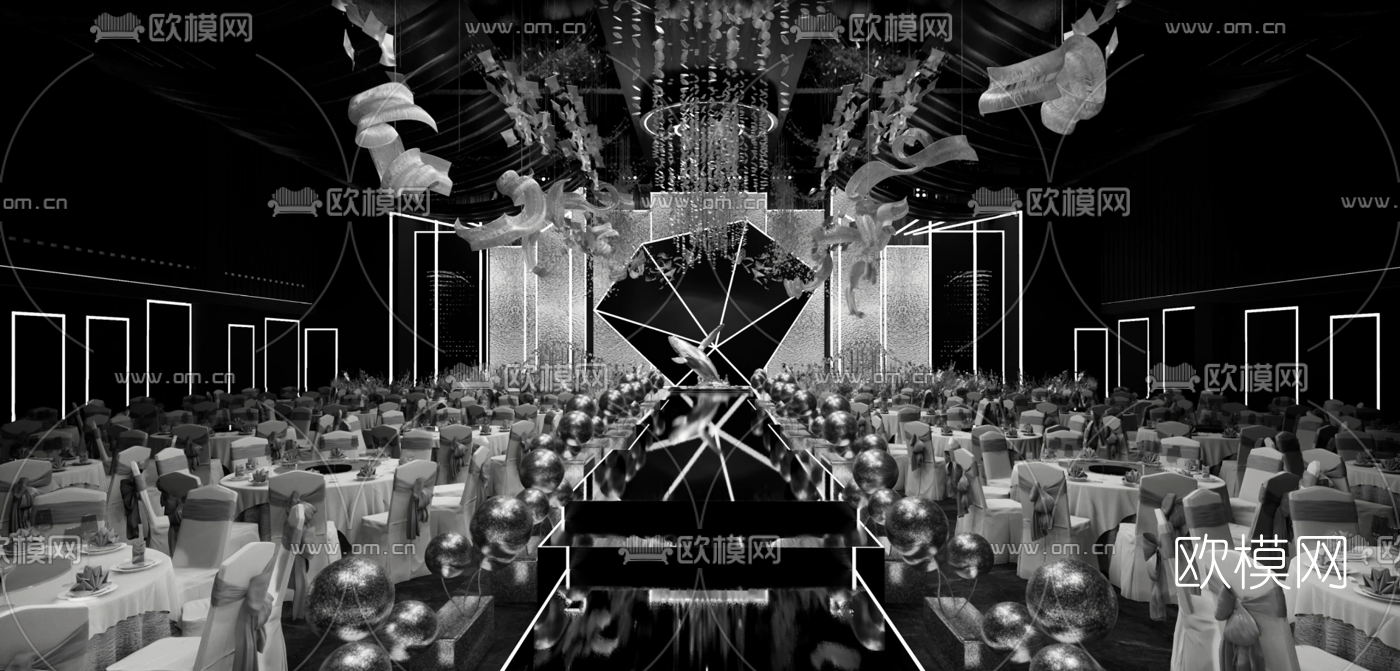 现代宴会厅su模型下载（渲染图1）