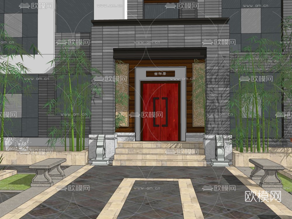 中式高层住宅建筑外观su模型下载（渲染图4）