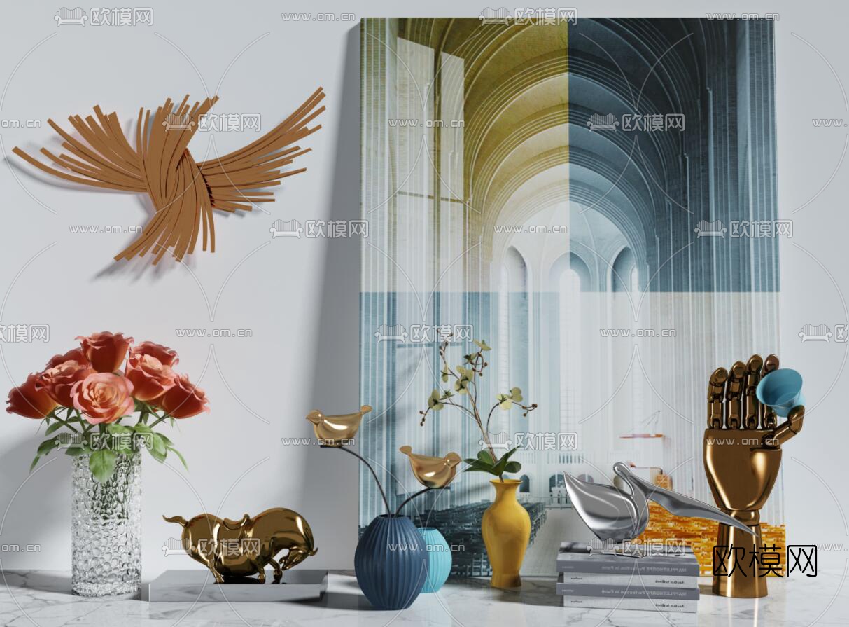 现代动物雕塑玫瑰花摆件3d模型