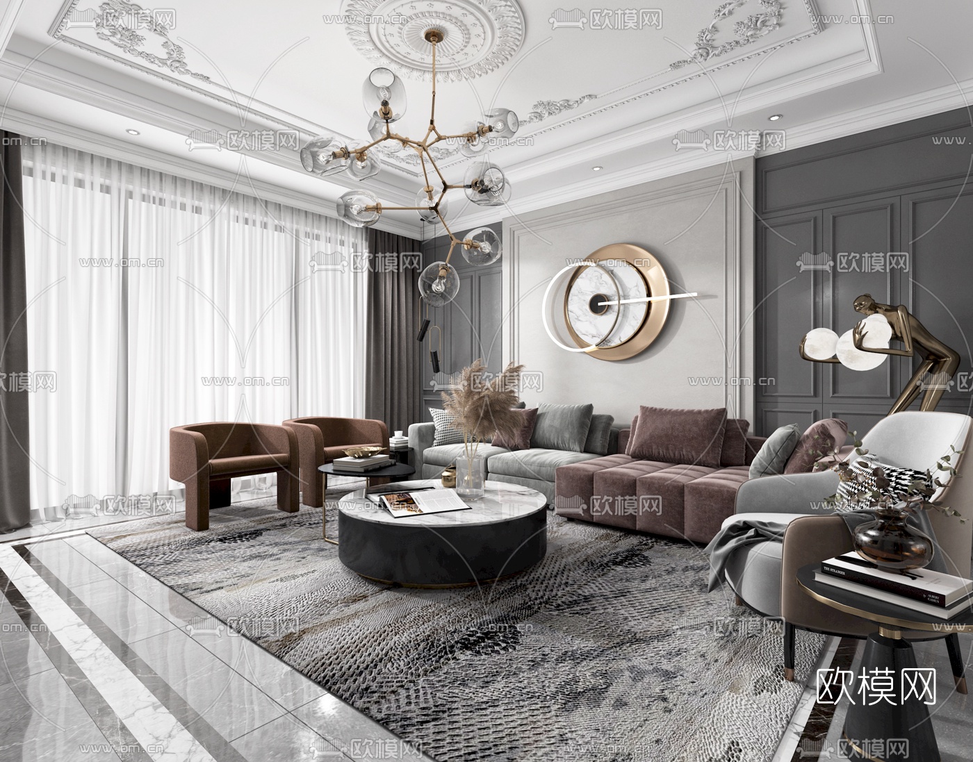 简欧客厅餐厅3d模型下载（渲染图3）