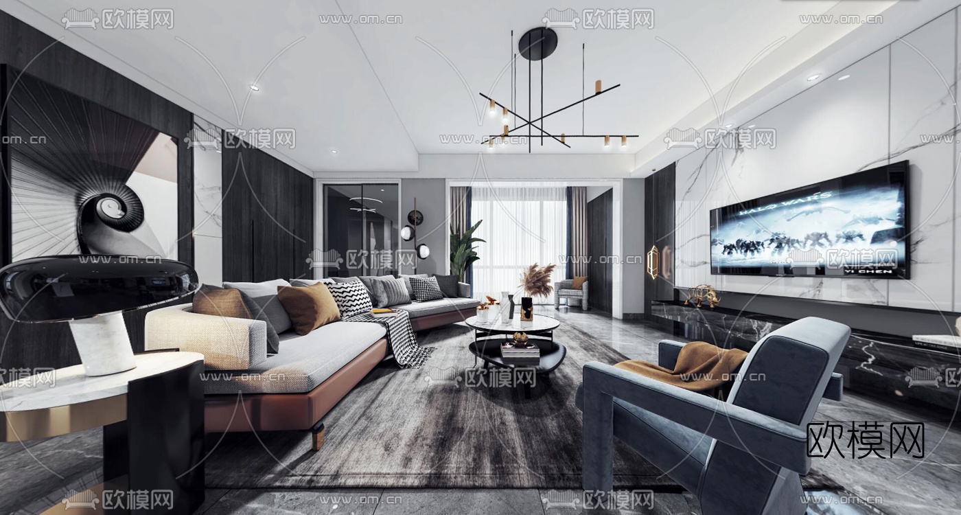 现代轻奢客厅餐厅vr全景3d模型