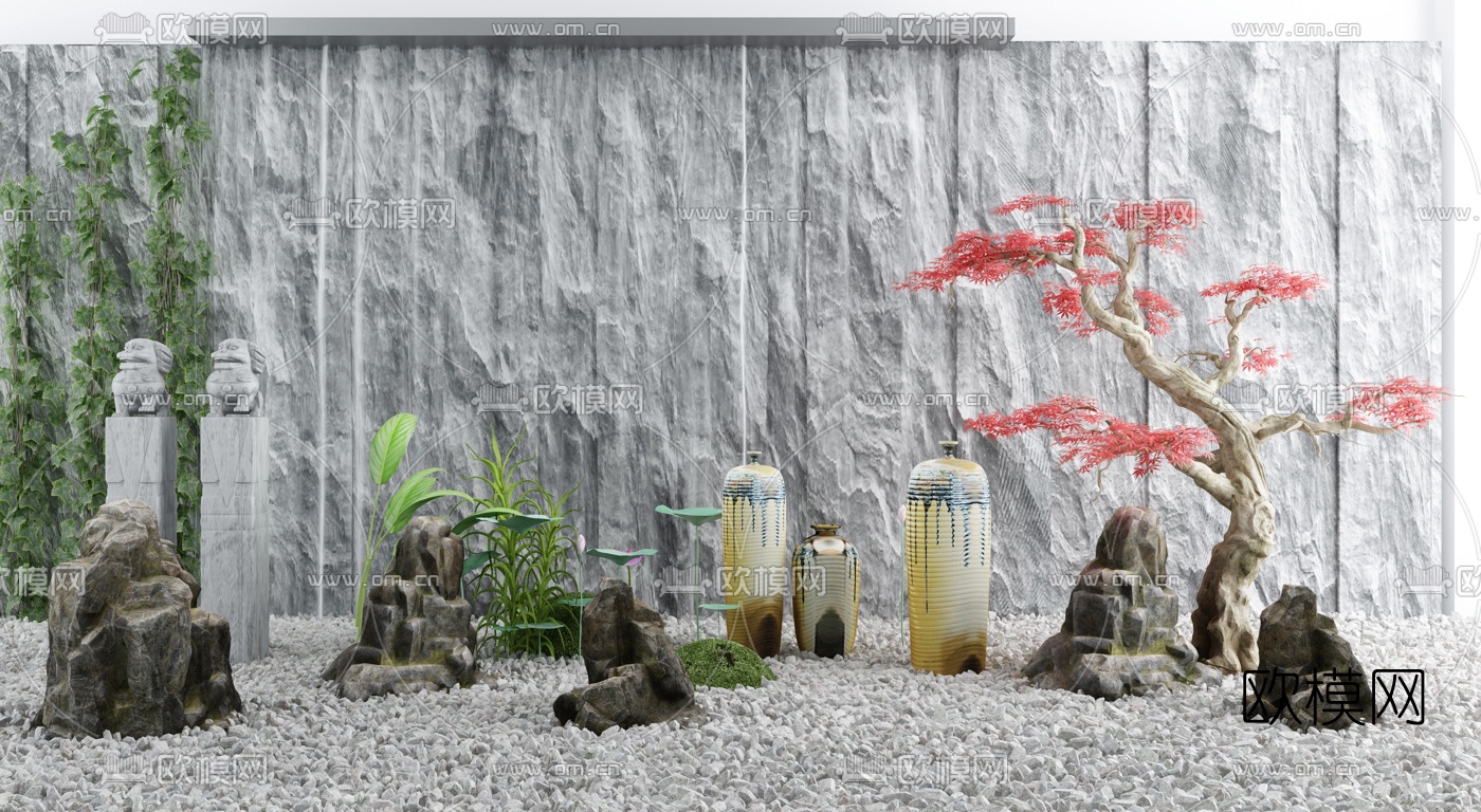 新中式石墙假山景观小品3d模型下载