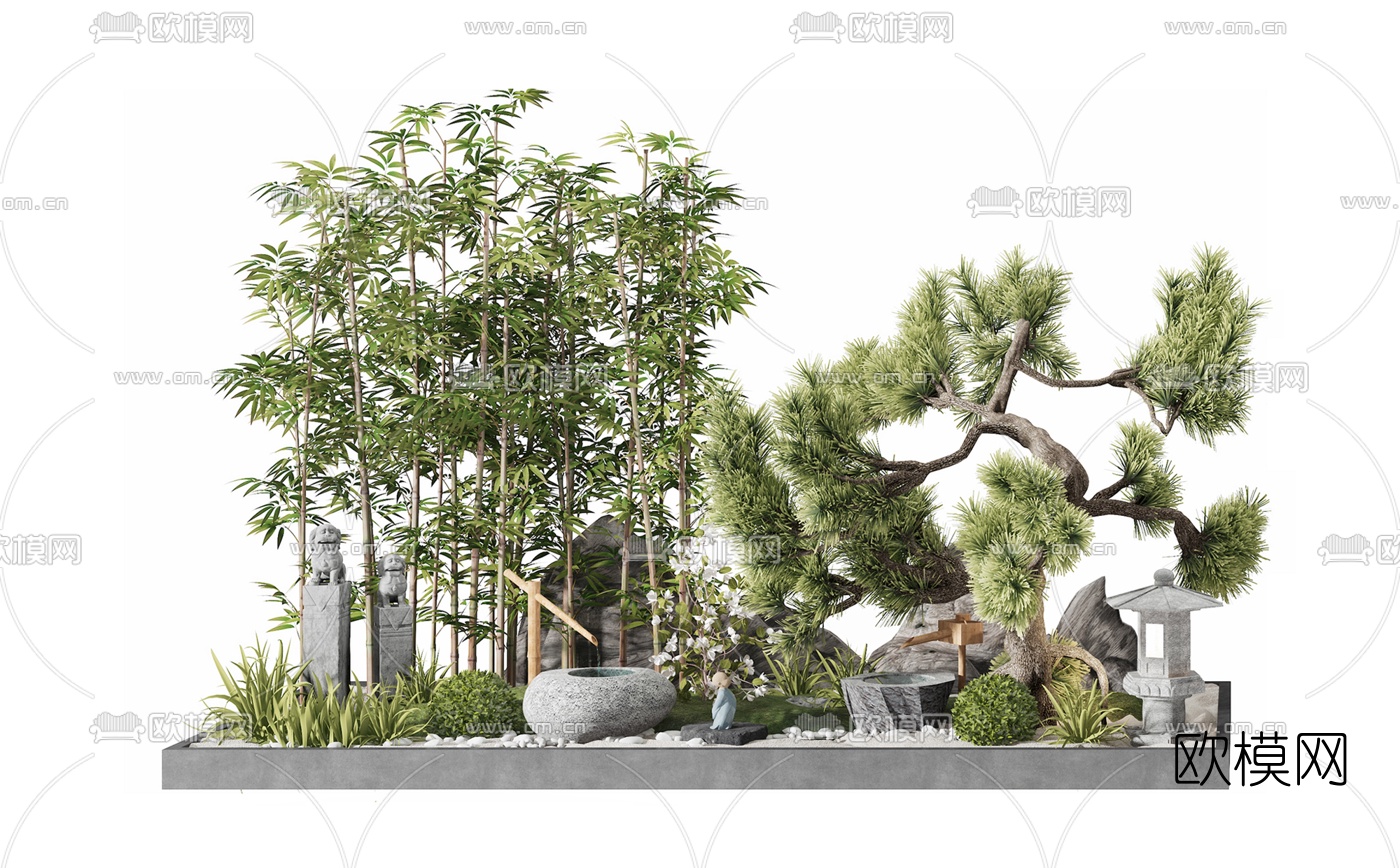 现代植物假山小景3d模型