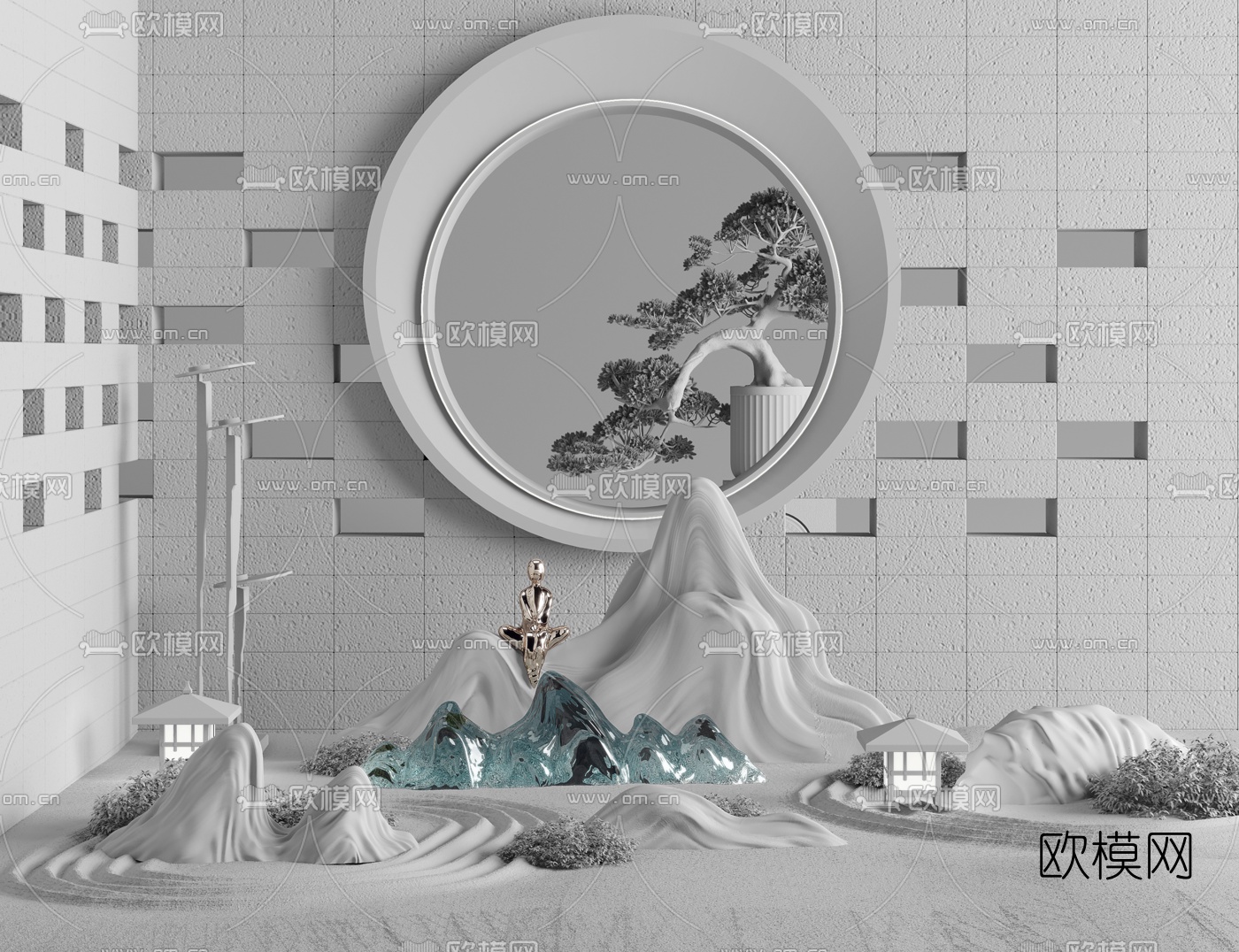 新中式山石树木园艺小品3d模型下载（渲染图5）