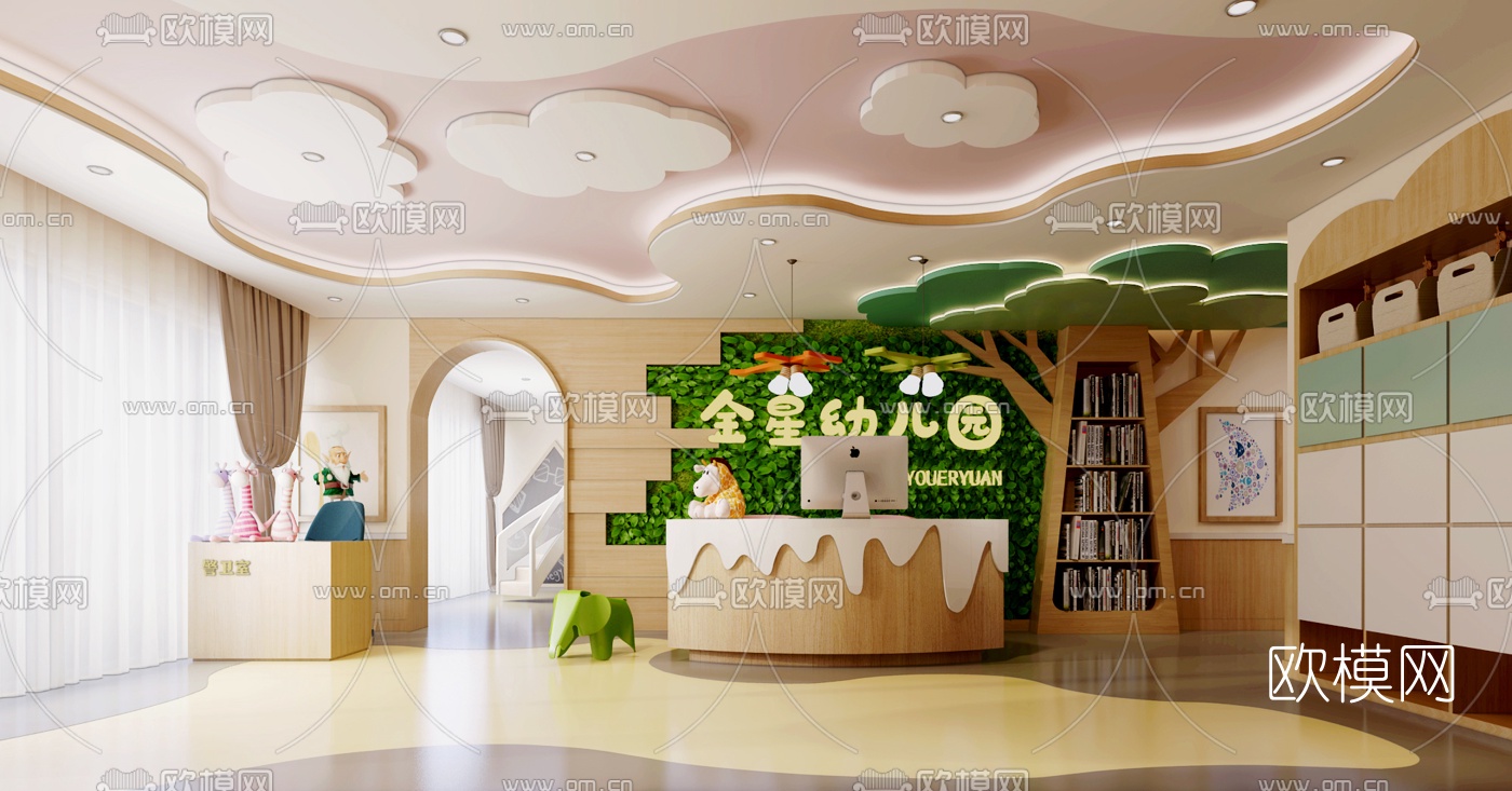 现代幼儿园前台大堂3d模型