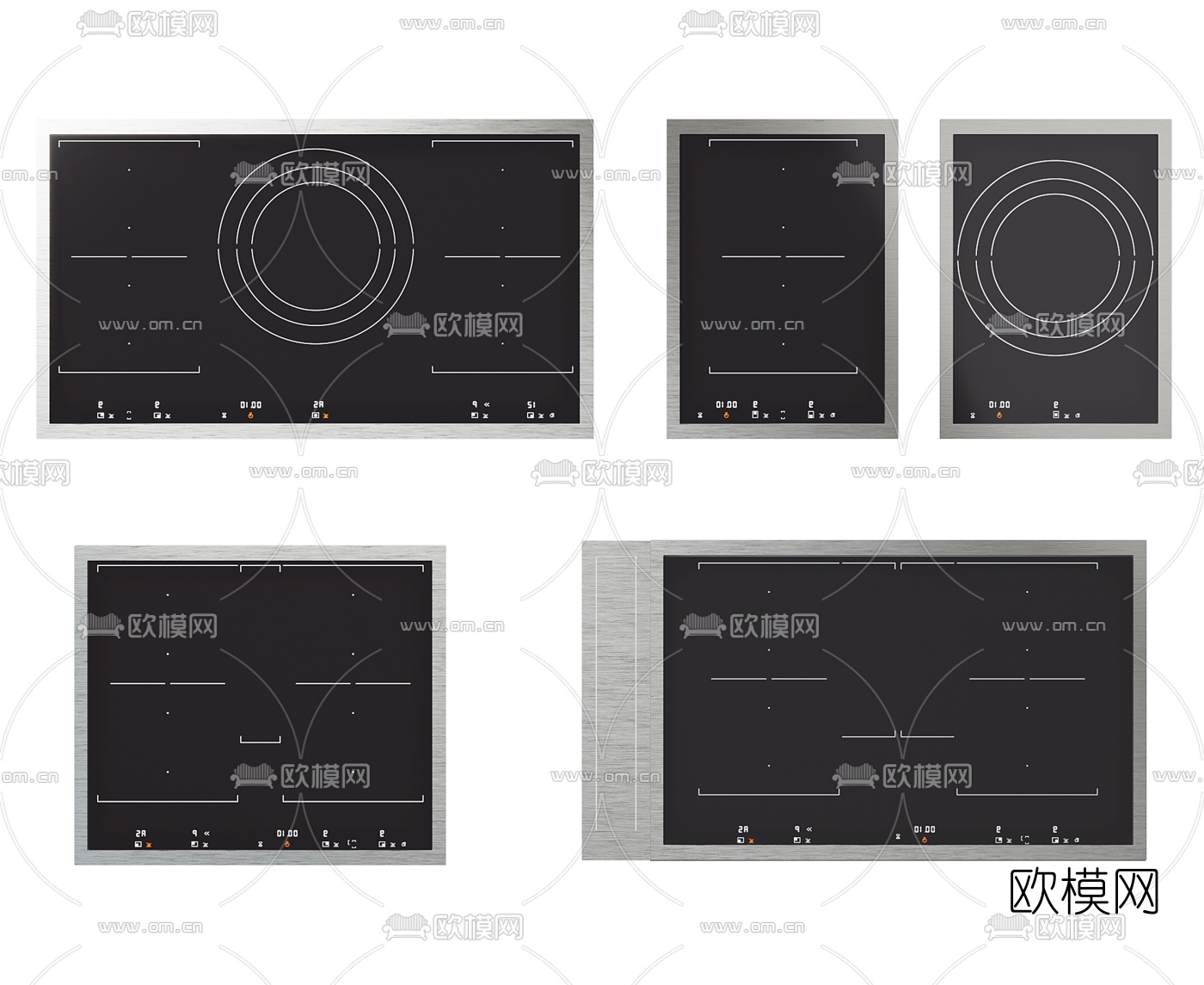 现代嵌入式电磁炉组合3d模型下载（渲染图1）