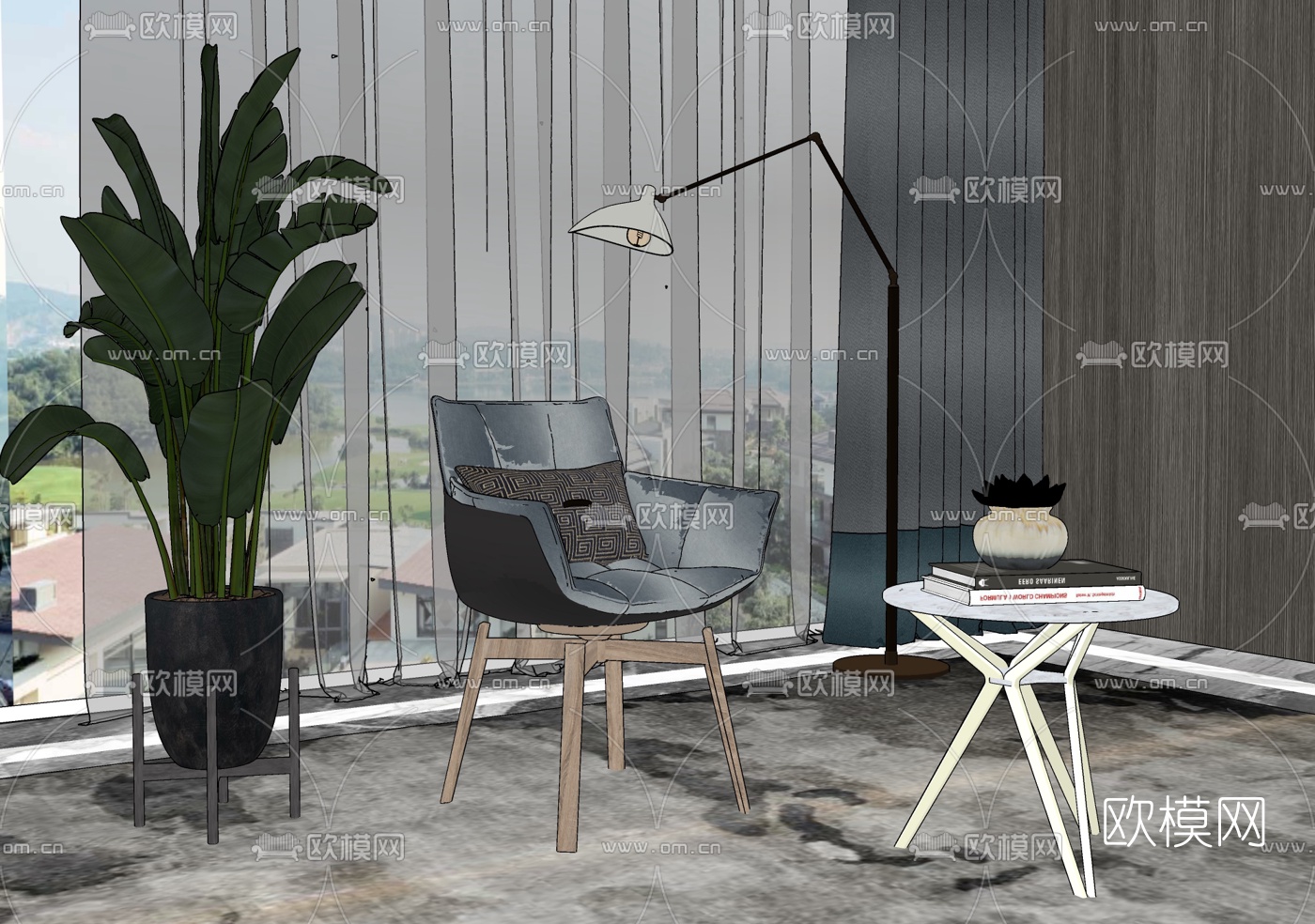 现代轻奢布艺休闲椅su模型下载（渲染图2）