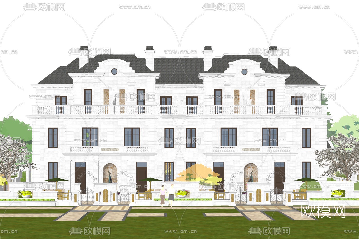 法式连排别墅外观su模型下载