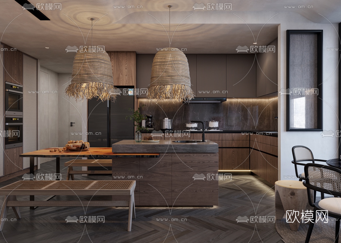 现代高级灰客厅餐厅3d模型