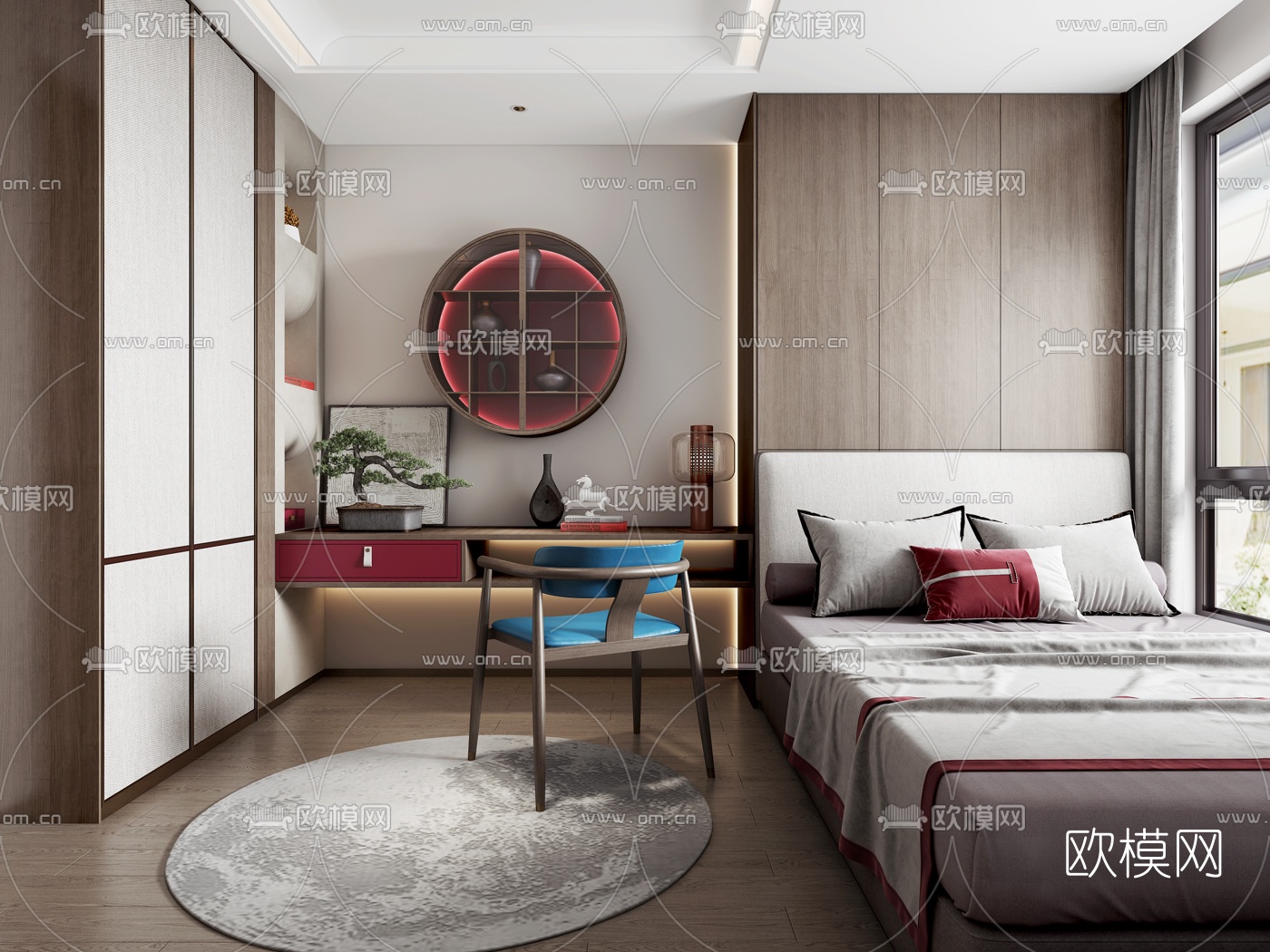 新中式榻榻米卧室3d模型下载