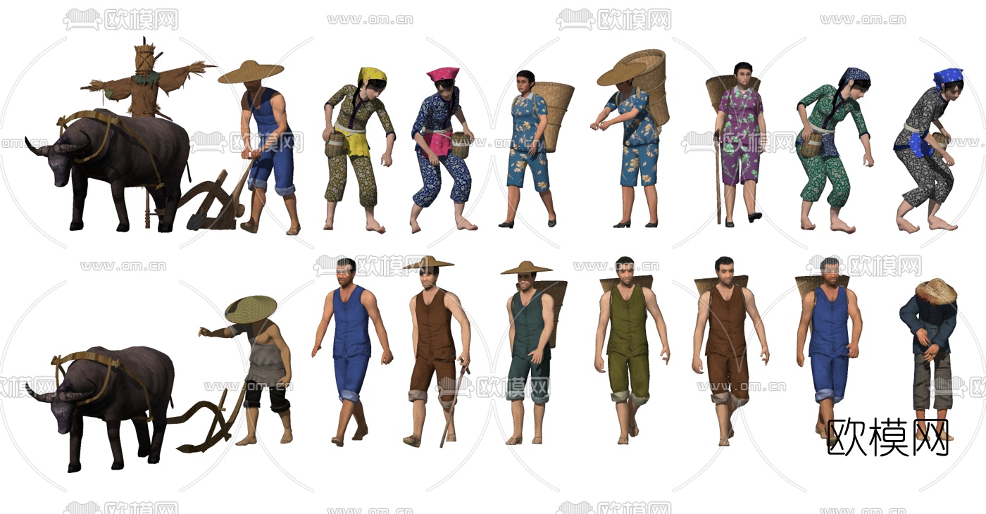 中式农民水牛犁地人物su模型下载