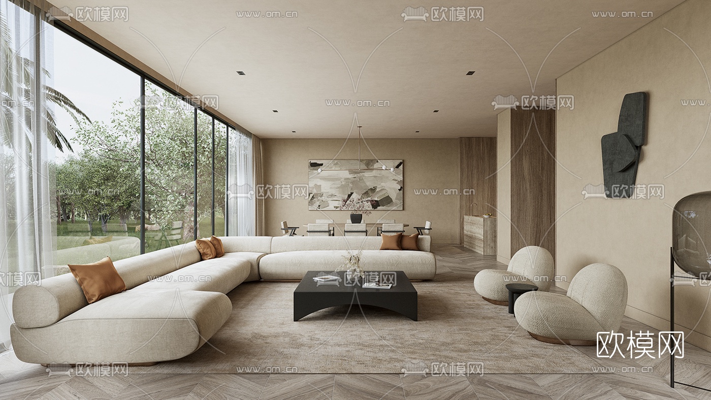 现代侘寂客厅餐厅3d模型