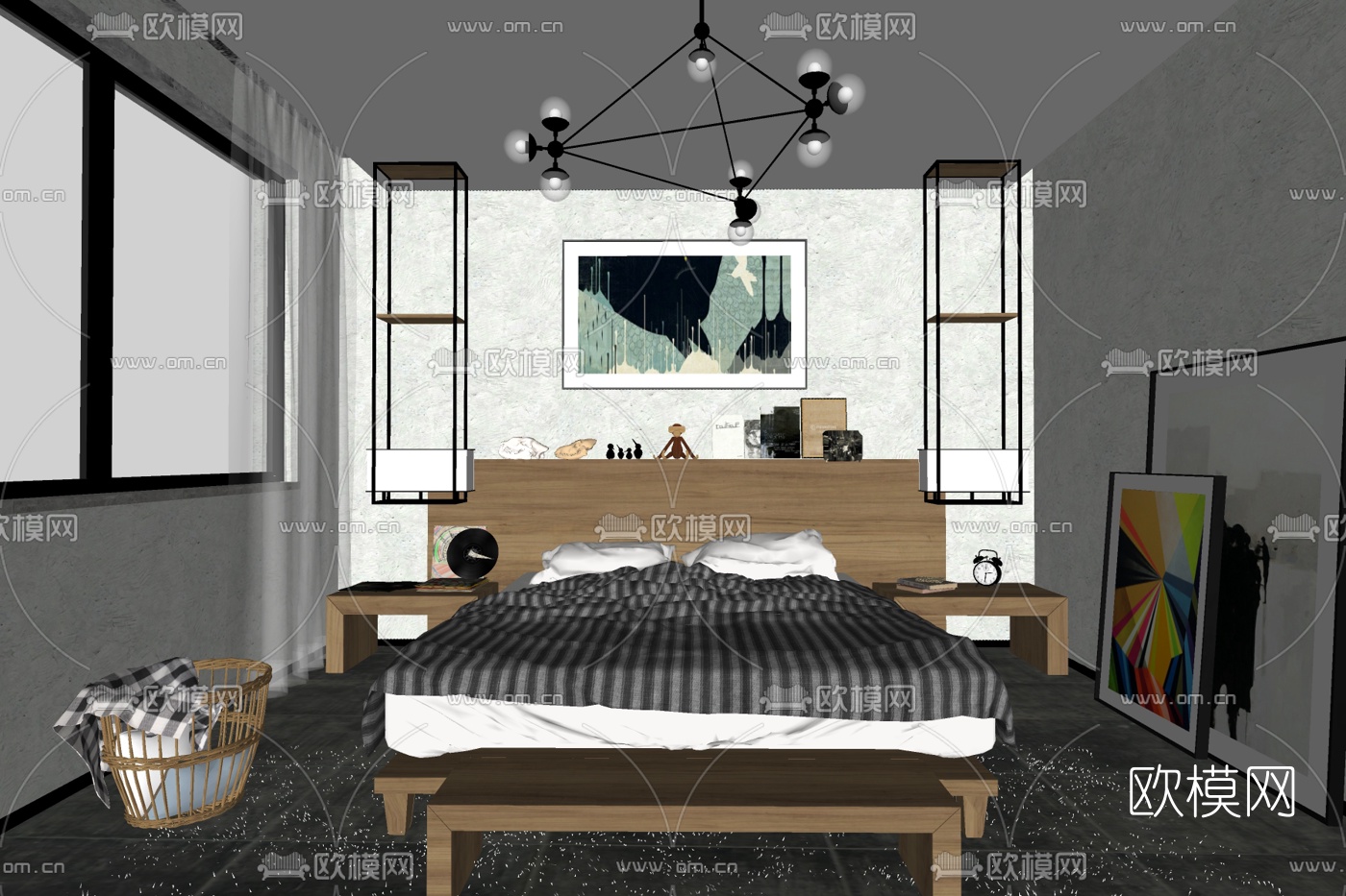 现代实木双人床su模型下载