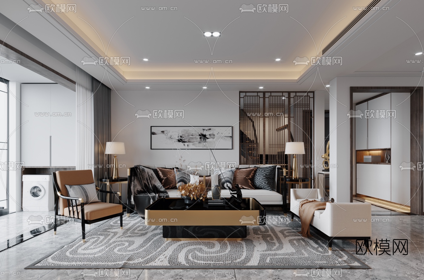 现代轻奢客厅餐厅厨房3d模型下载（渲染图1）