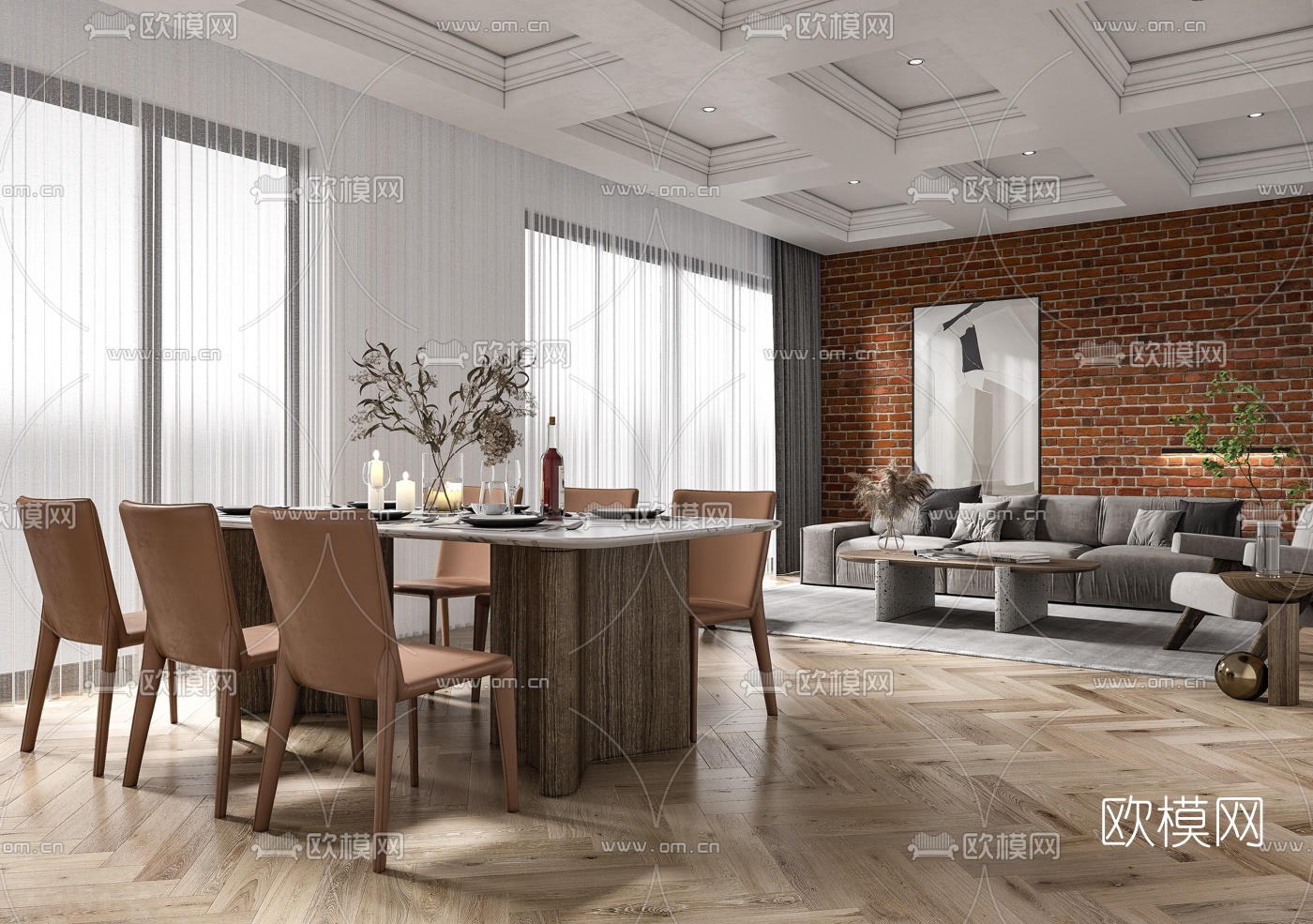 现代混搭客厅餐厅3d模型