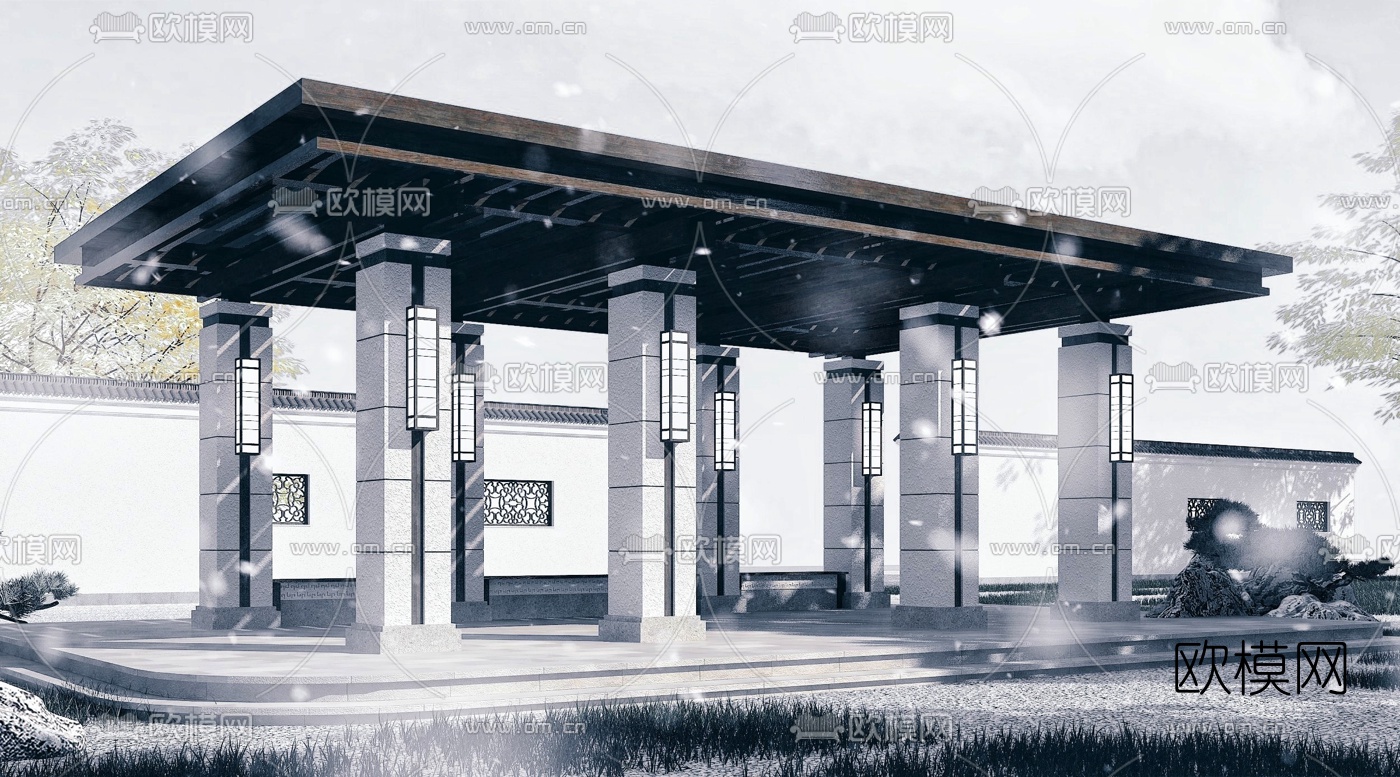 中式廊架廊坊长廊3d模型下载