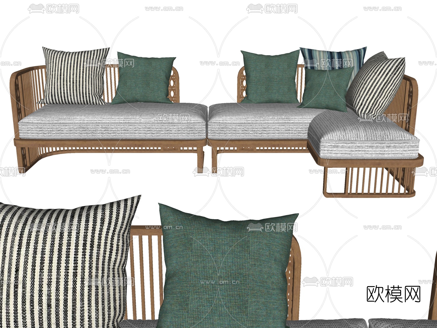 新中式布艺转角沙发su模型下载（渲染图2）