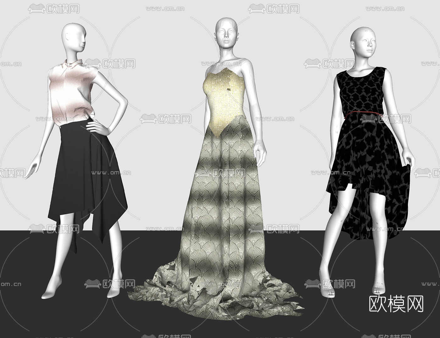 现代服装模特组合su模型下载（渲染图2）
