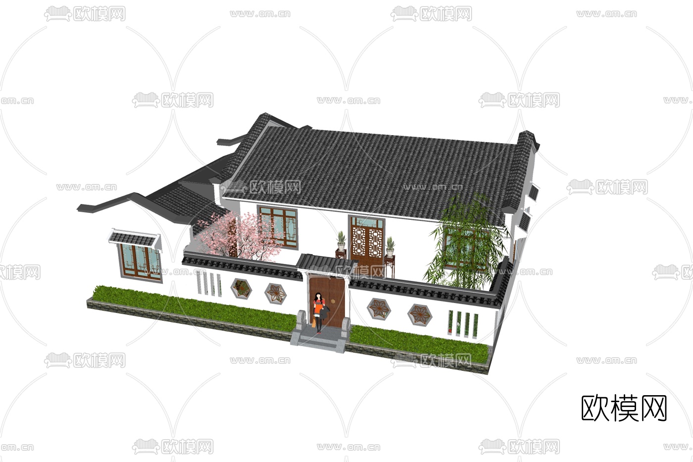 新中式独栋别墅外观su模型下载