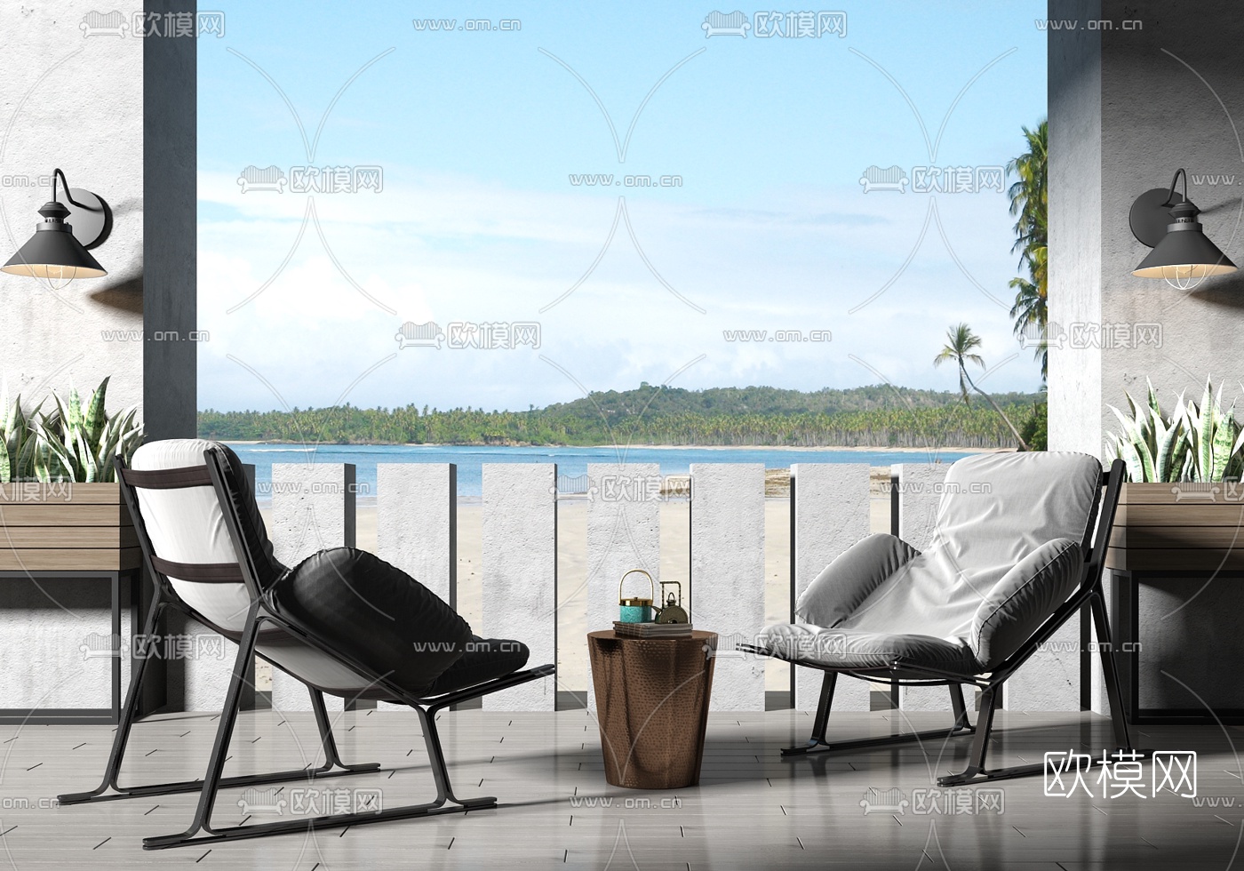 现代休闲躺椅茶几su模型下载（渲染图1）