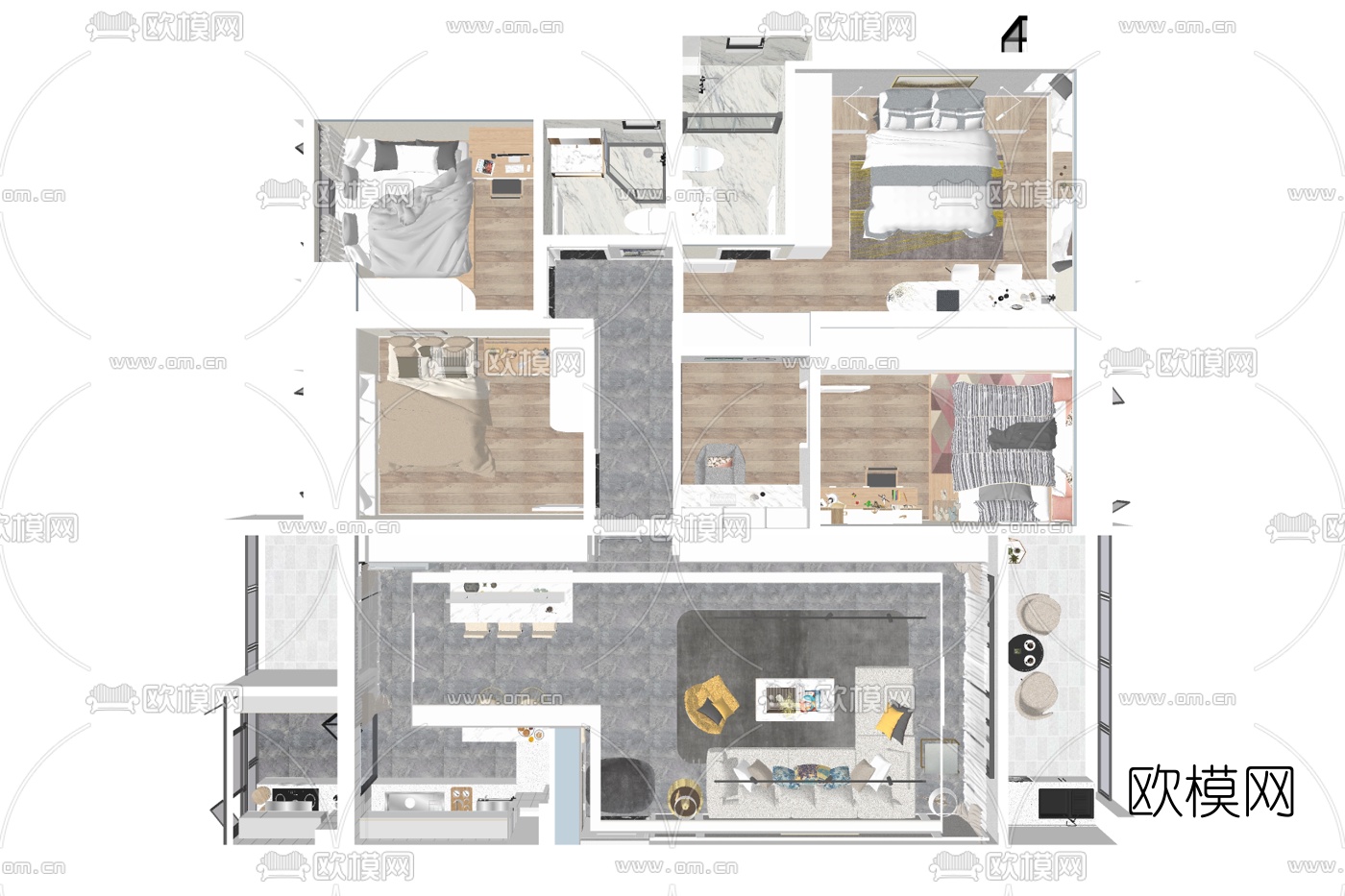 现代公寓整装免费su模型下载