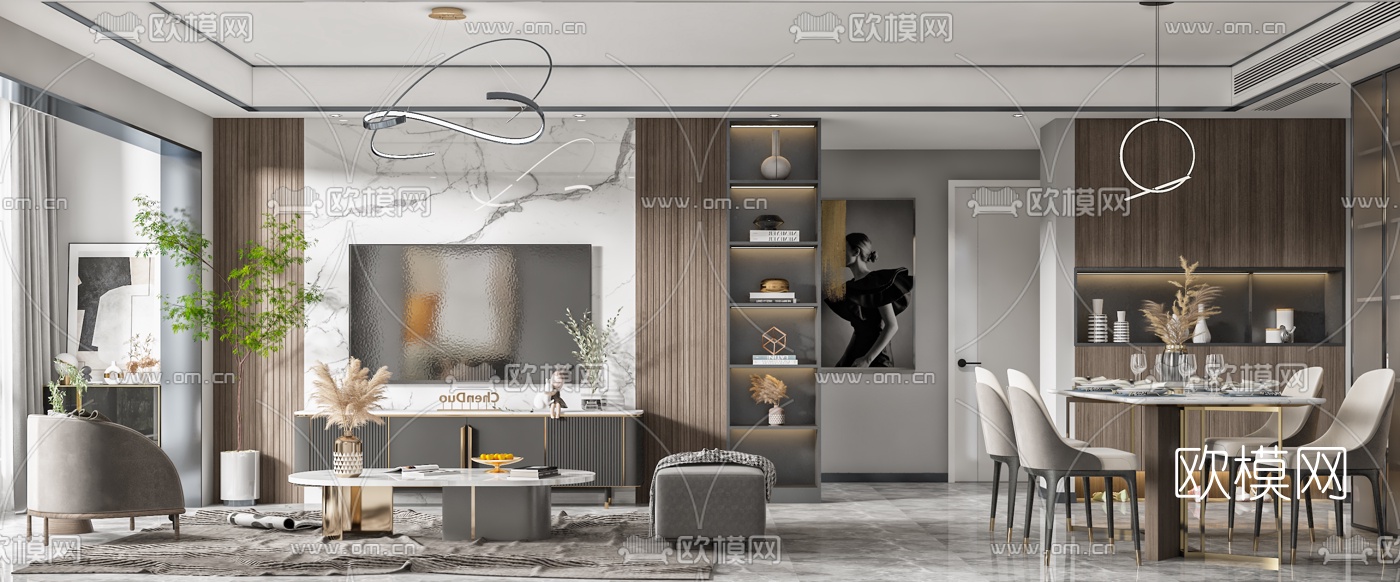 现代客厅餐厅3d模型