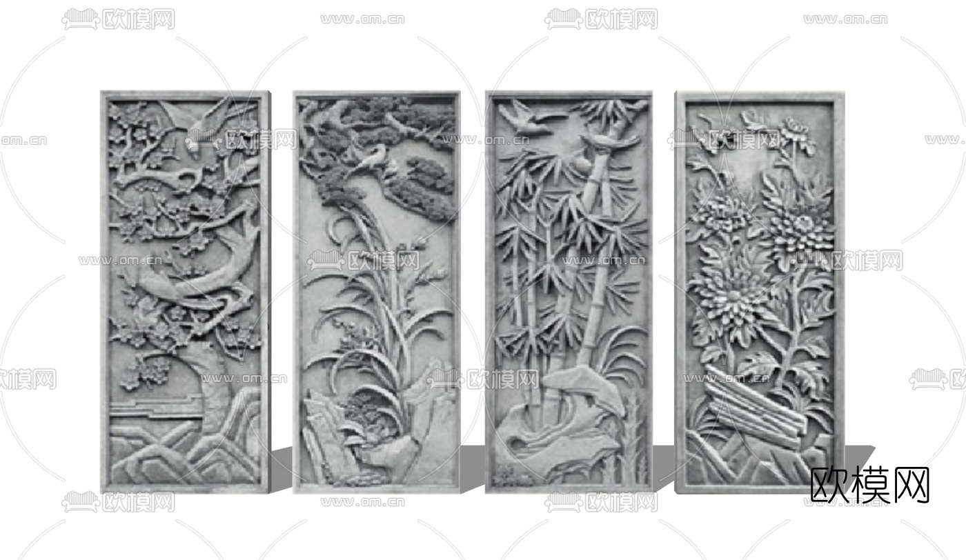 中式梅兰竹菊砖雕su模型下载