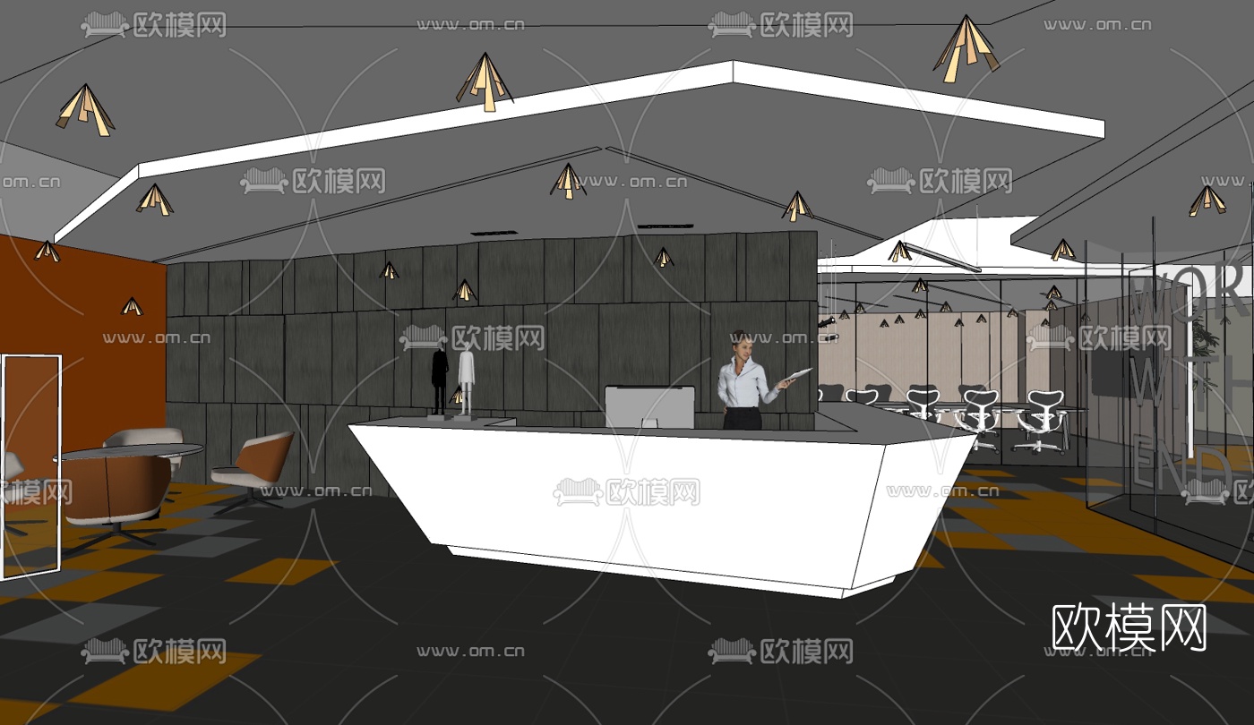 现代办公前台su模型下载（渲染图2）