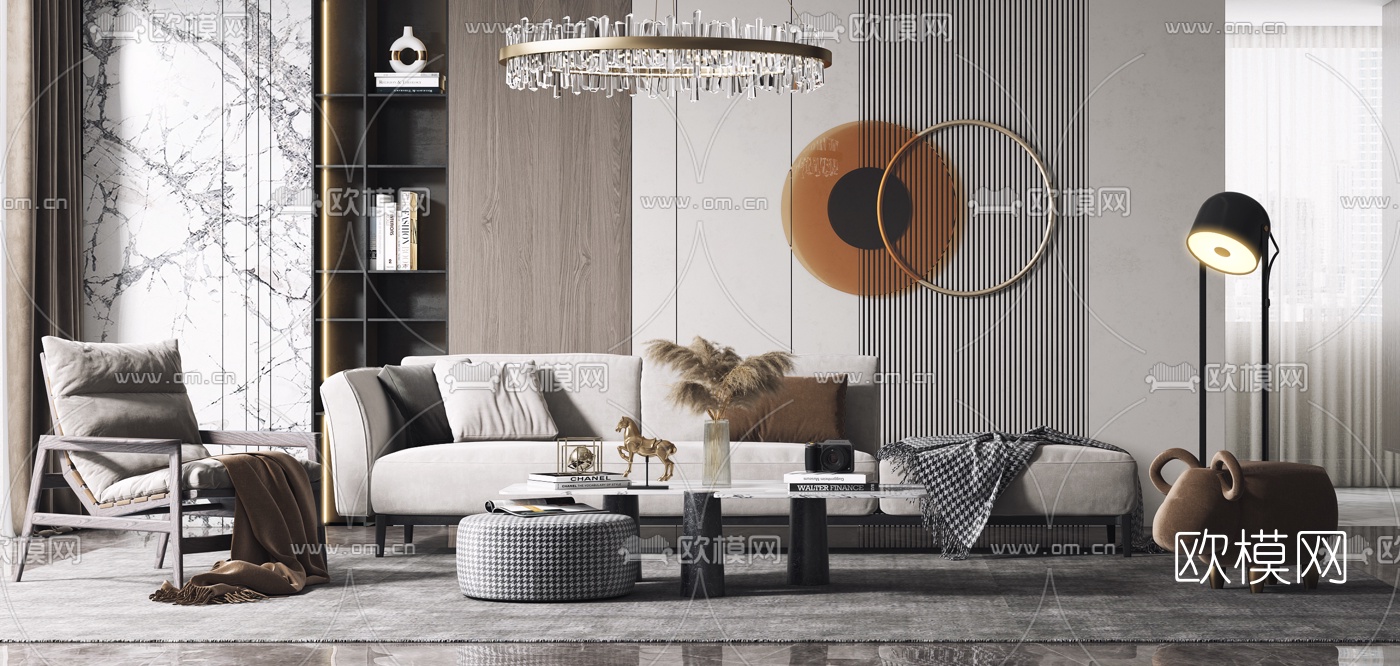 现代布艺沙发组合3d模型下载（渲染图3）