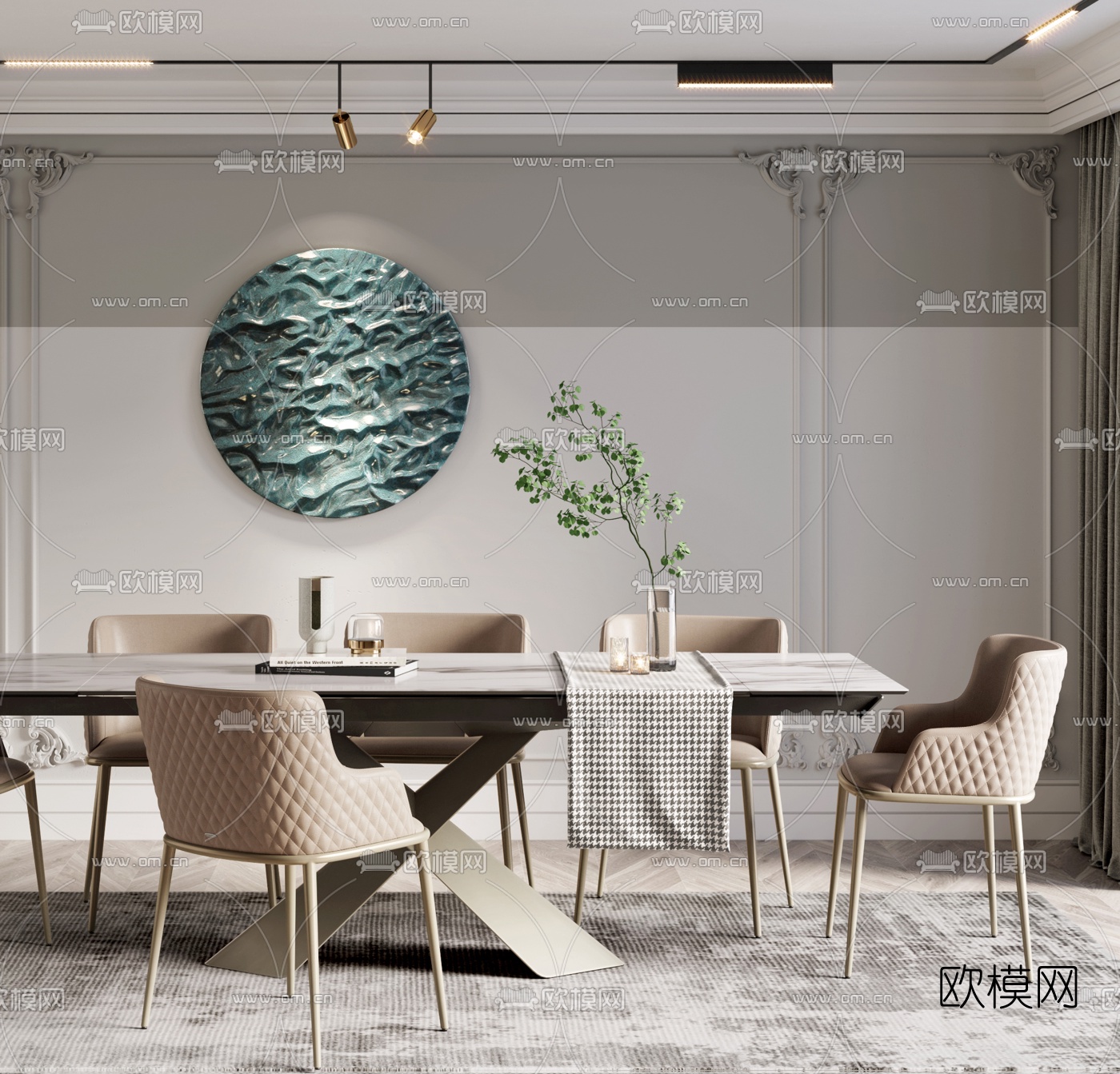简欧条形餐桌椅3d模型