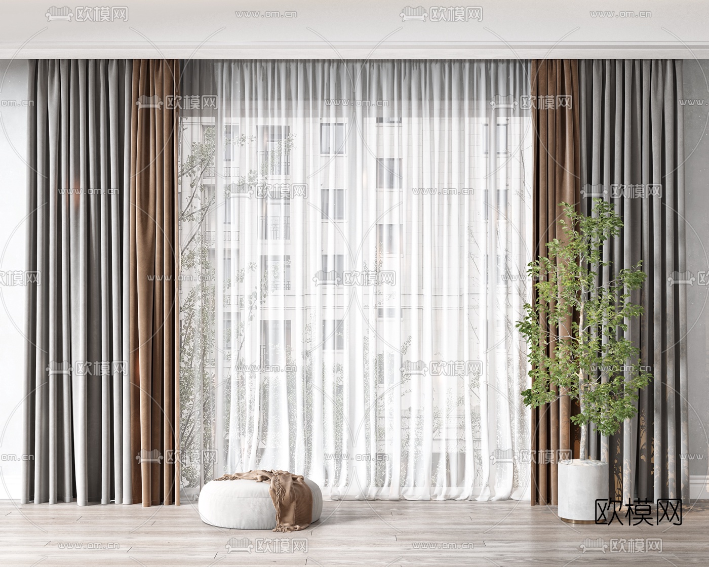 现代布艺窗帘3d模型下载（渲染图1）