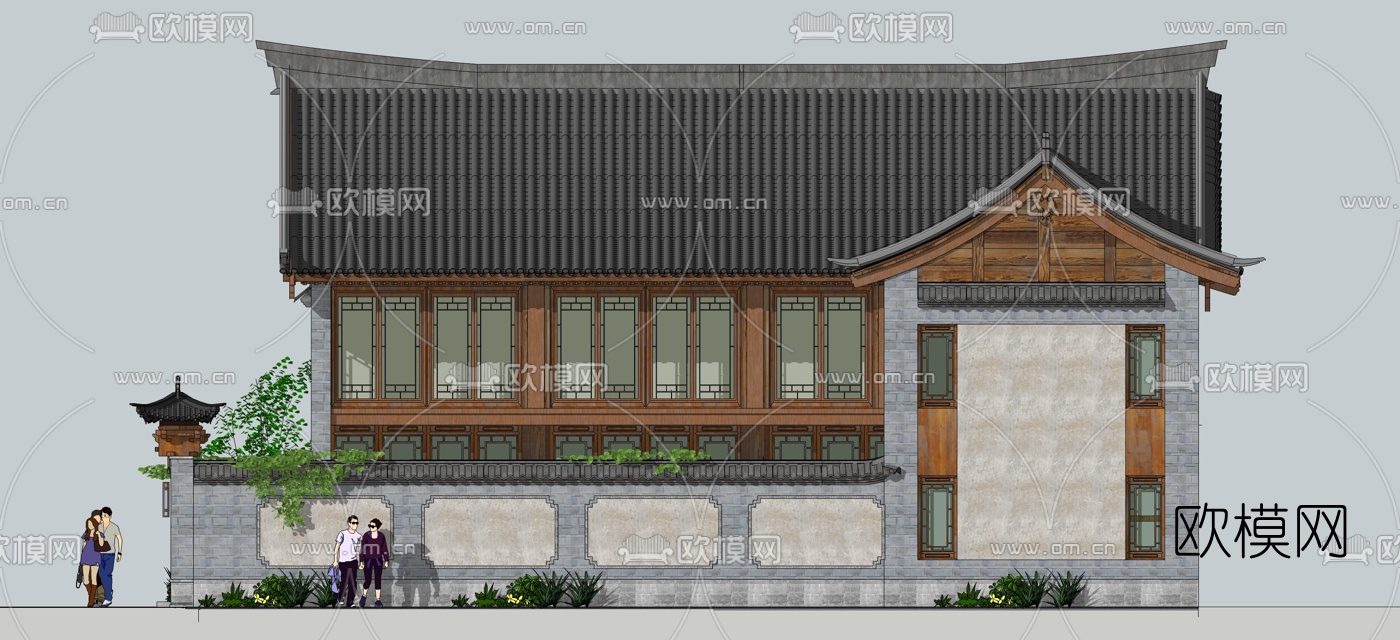 中式三开间院子su模型下载（渲染图2）