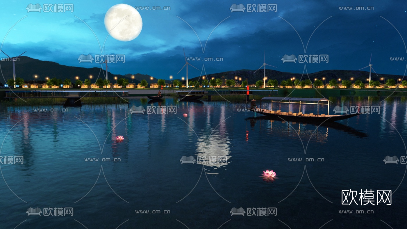 现代湖滨码头小船夜景3d模型