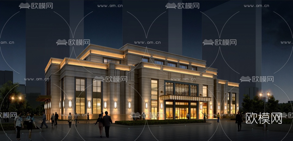 现代商业楼建筑外观夜景3d模型下载