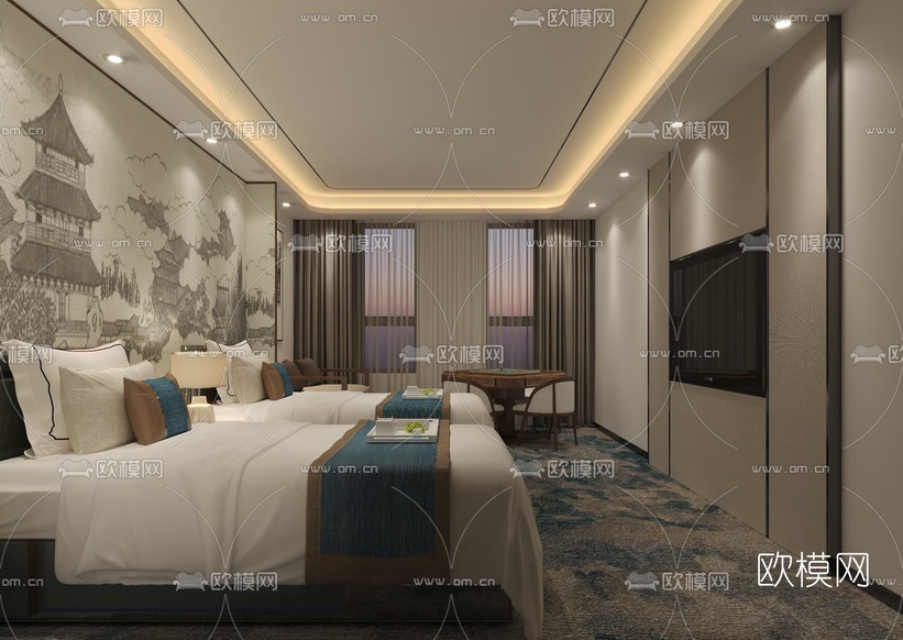 新中式酒店双床客房免费3d模型下载_ID10204247_3dmax免费模型-欧模网