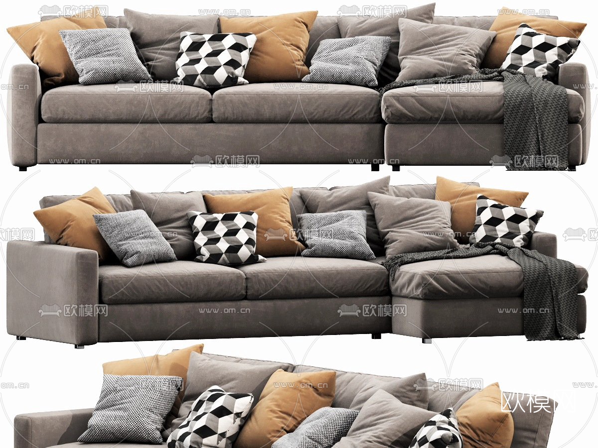 现代布艺转角多人沙发3d模型下载（渲染图2）