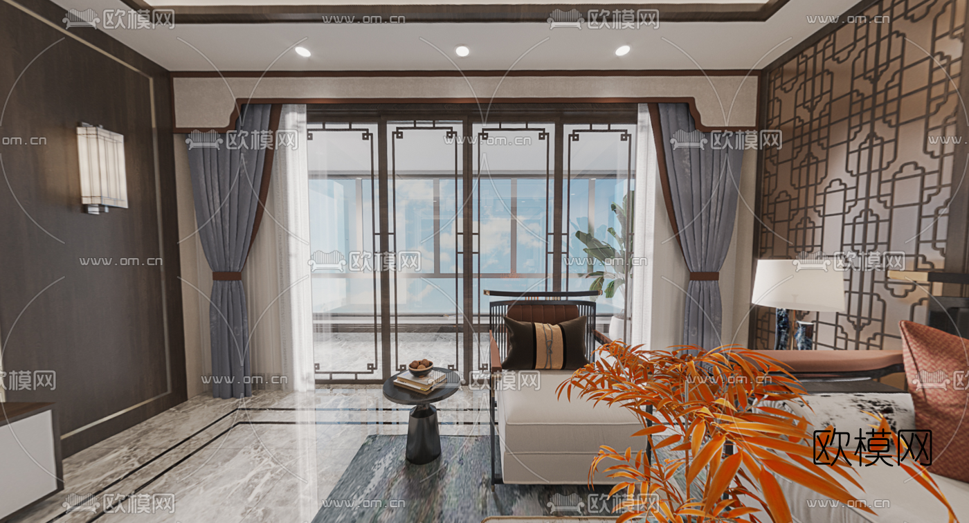 新中式轻奢客厅vr全景3d模型