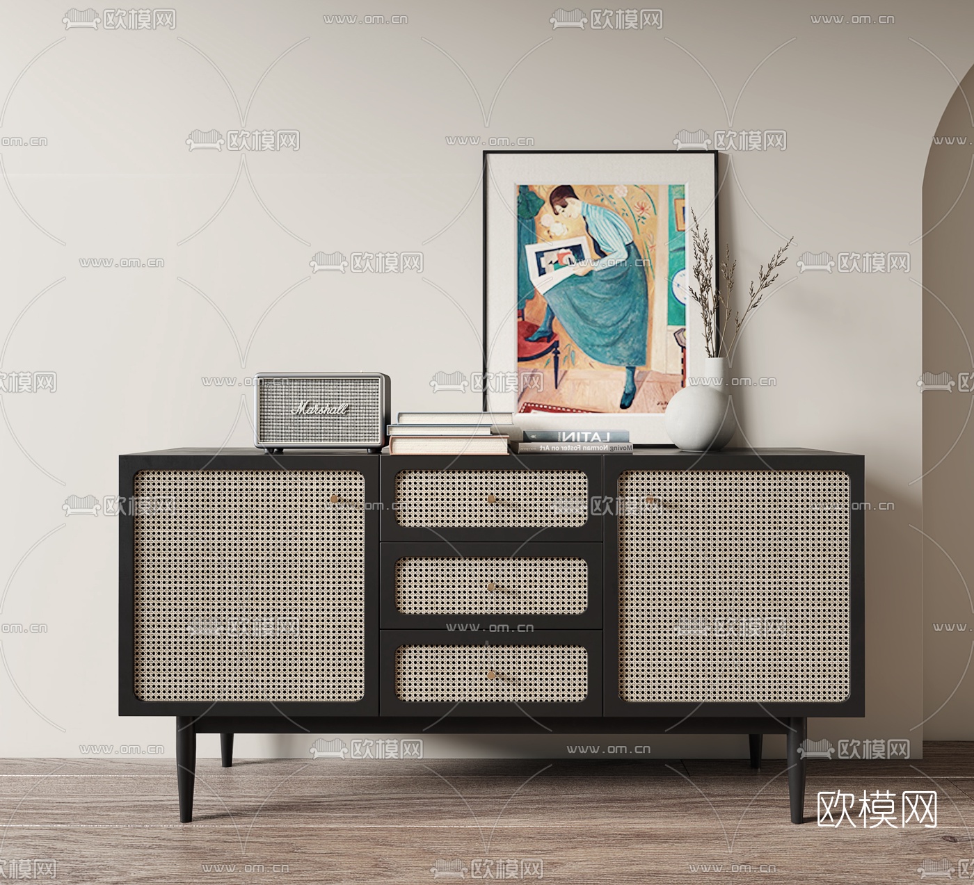 北欧藤编玄关柜边柜3d模型下载