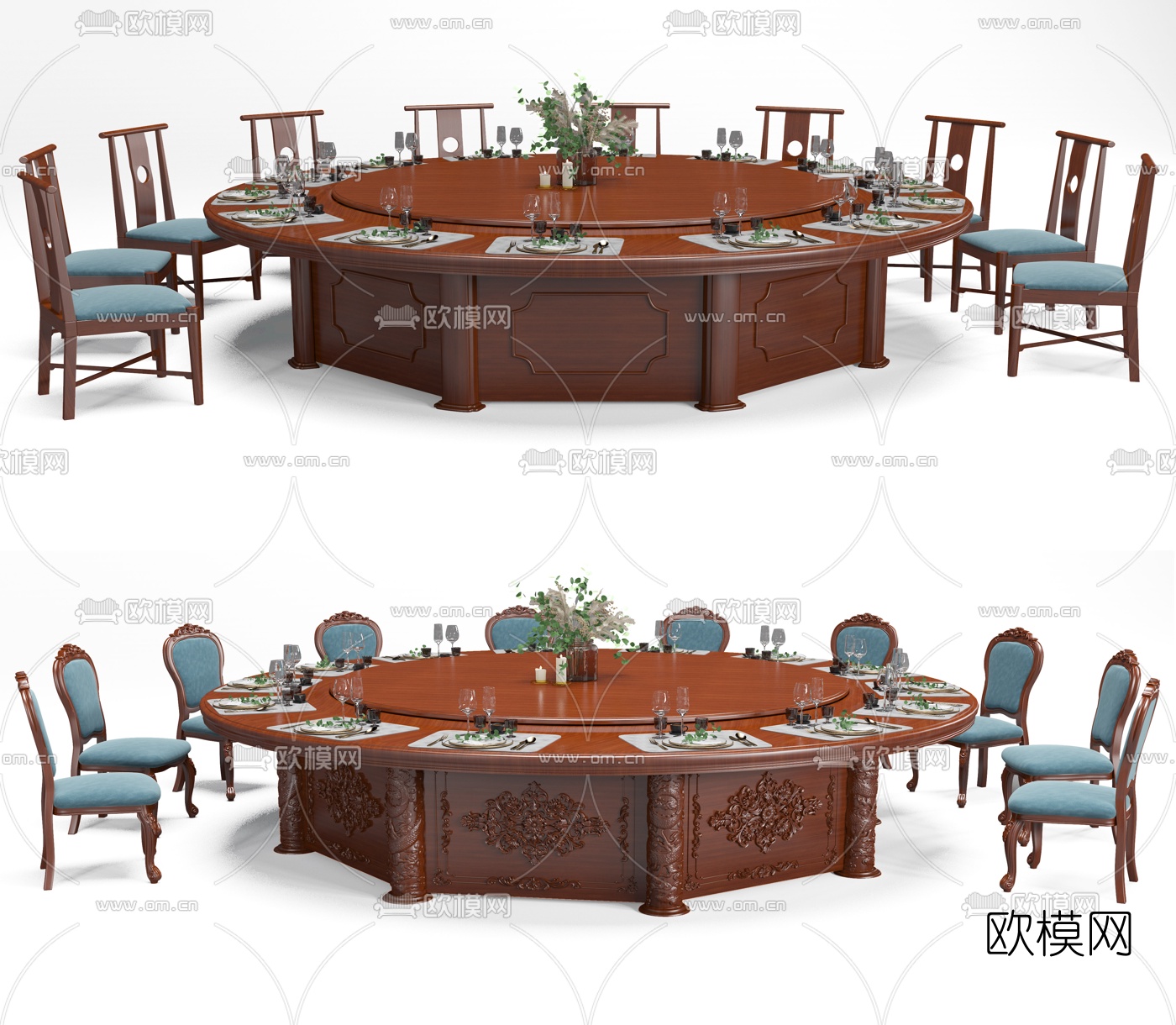 中式圆形雕花餐桌椅3d模型下载（渲染图1）