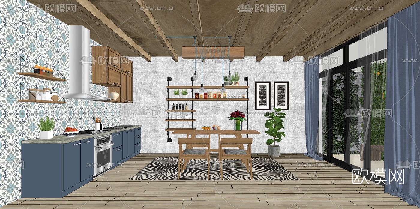 北欧开放式餐厅su模型下载（渲染图1）
