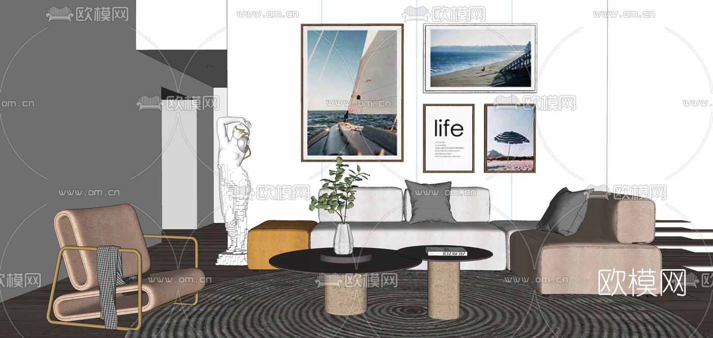 现代布艺转角沙发组合su模型