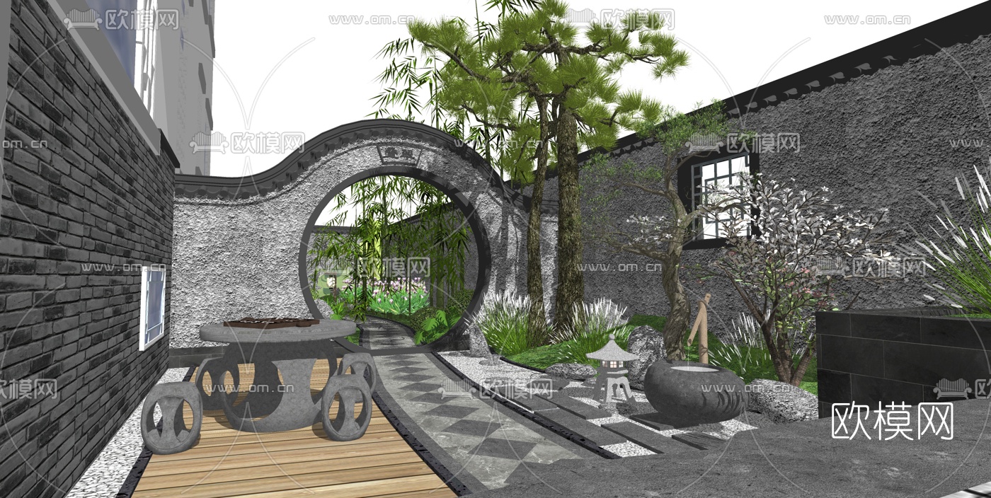 新中式别墅庭院景观su模型下载（渲染图2）