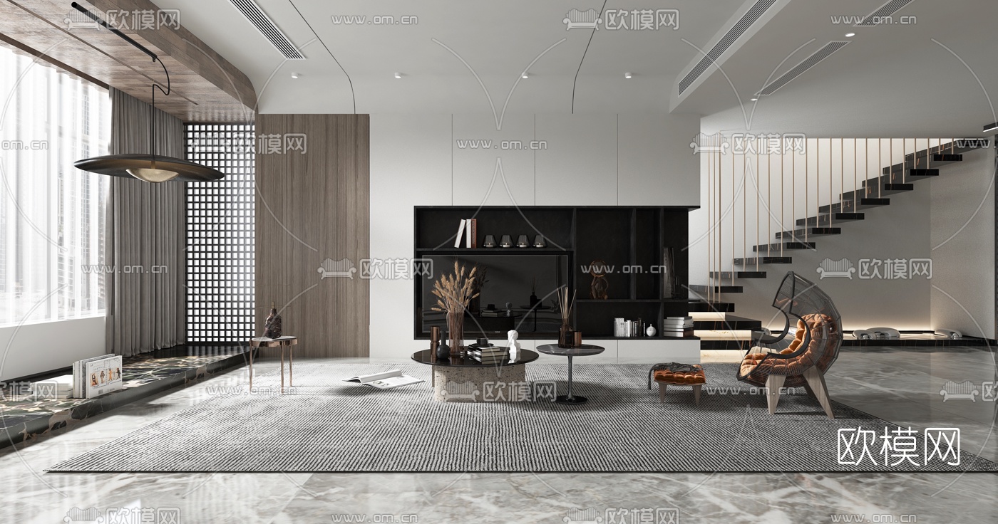 现代轻奢复式客厅3d模型下载（渲染图2）