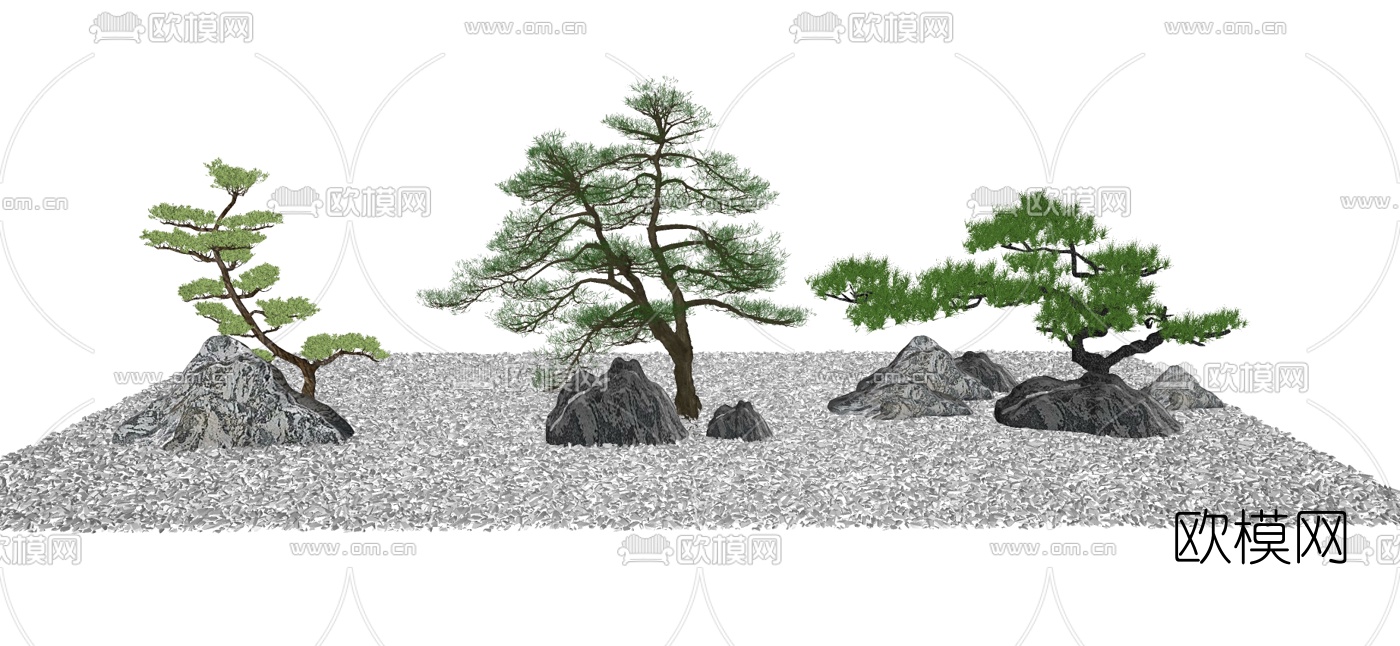 新中式罗汉松景观树su模型下载（渲染图2）