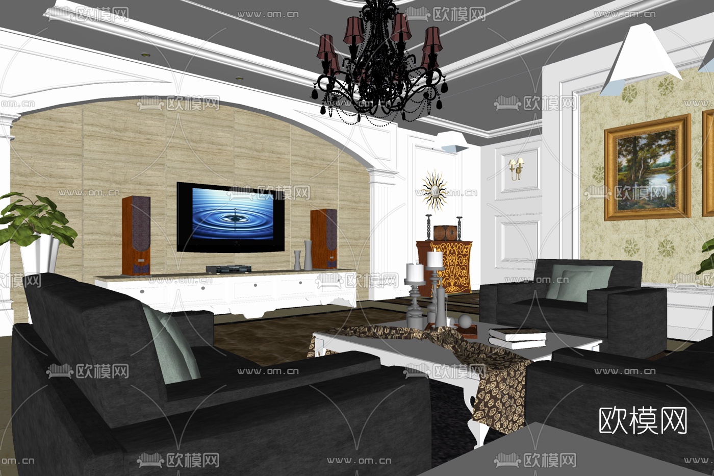 简欧客厅su模型下载